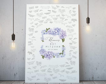 Bat Mitzvah Guestbook Purple Hydrangea, Custom Floral Keepsake, Canvas Signature Board, Rustic Maple Frame, Memorable Gift