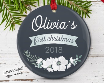 Baby's First Christmas Ornament, Personalized Keepsake Ornament, New Parents Gift Idea, Baby Ornament Xmas, Gray and White Flowers