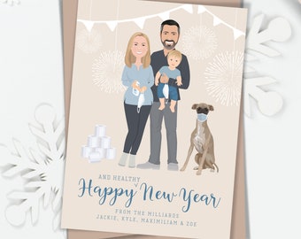 Pandemic Portrait New Years Cards, Funny Custom Family Portrait Holding Masks, Using Hand Sanitizer, Hoarding Toilet Paper, Greyhound card