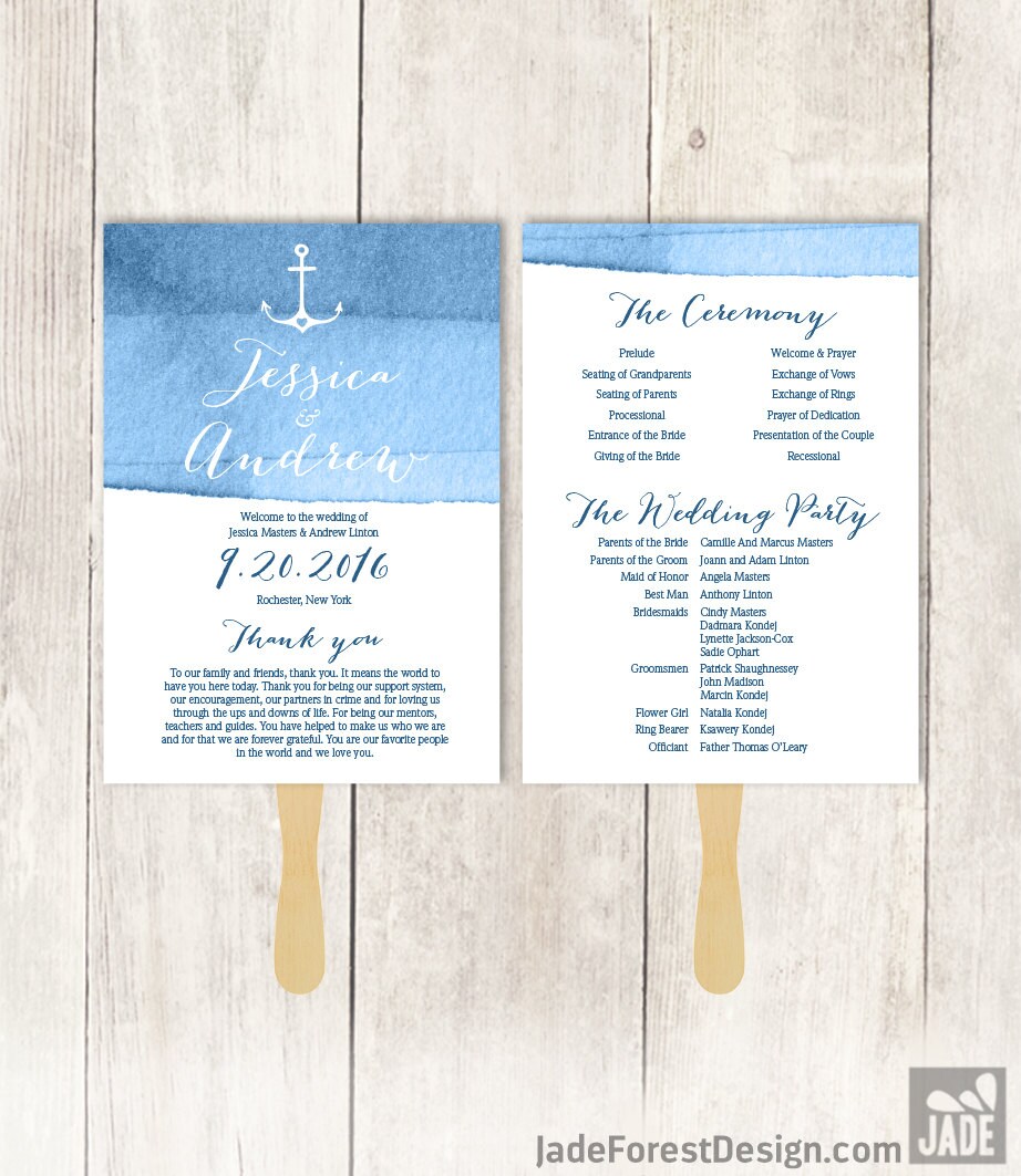 Nautical Wedding Program Diy Heart Anchor Calligraphy Navy
