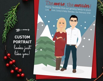 Christmas Pregnancy Announcement Card, Custom Family Portrait Christmas Cards, Printed Holiday Card 5x7, Custom Family Portrait