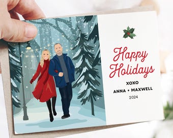 Custom Christmas Cards with Portrait of Couple Walking on a Winter Night, Personalized Cartoon Holiday Cards, Snowy City Park Skyline