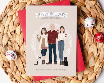Gift for Girlfriend, Dog Cards, Funny Christmas Card, Personalized Family Pet Portrait Holiday Card with Boho Wreath, Custom Cartoon Design