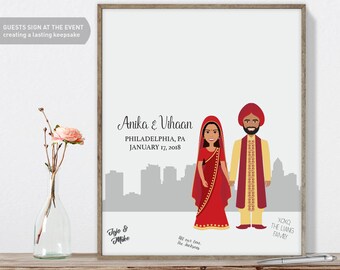 Indian Guest Book Portrait / Philadelphia Skyline / Indian Wedding Portrait Guestbook Illustration ▷ Printed Paper, Canvas {or} Printable