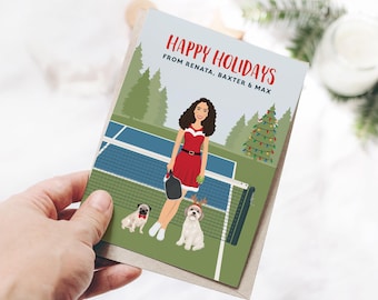 Custom Pickleball Christmas Card, Personalized Drawing of Woman in Santa Outfit on a Pickleball Court, Bespoke Greeting Card with Envelopes