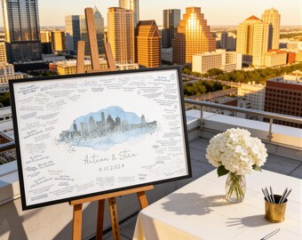 Austin Skyline Guestbook, Watercolor & Faux Metallic Silver (Custom Wedding Art)