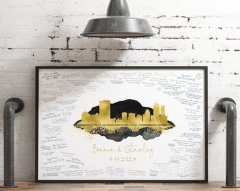 Boston Skyline Wedding Guestbook - Personalized Faux Gold Canvas