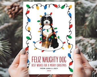 Funny Dog Christmas Card, Feliz Naughty Dog Holiday Card, Custom Portrait Gift for Pet Owner, Pet Lover Gift, Puppy Holiday Cards, for Her