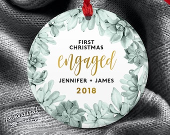Succulent Engagement Ornament, First Christmas Engaged Christmas, Engagement Gift for Couple, Gold and Green Succulent