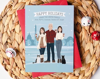 Family Drawing Holiday Card with Parents, Daughter and Pets, Unique Personalized Christmas Card with Custom Skyline, Washington DC shown