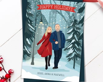 Custom Couple Portrait Holiday Card, Personalized Family Christmas Cards with Envelopes, Couple Cartoon Greeting Card, Printed & Shipped 5x7