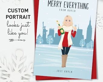 Single in New York City > Funny Christmas Card, Unique Holiday Card Idea, Christmas Cards with Custom Personal Portrait and City Skyline