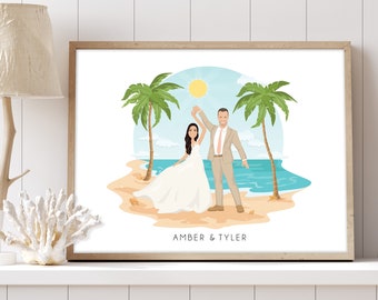 Custom beach wedding portrait canvas > Personalized couple cartoon drawing with palm trees  • Unique Christmas gift for wife • BEACH SCENE