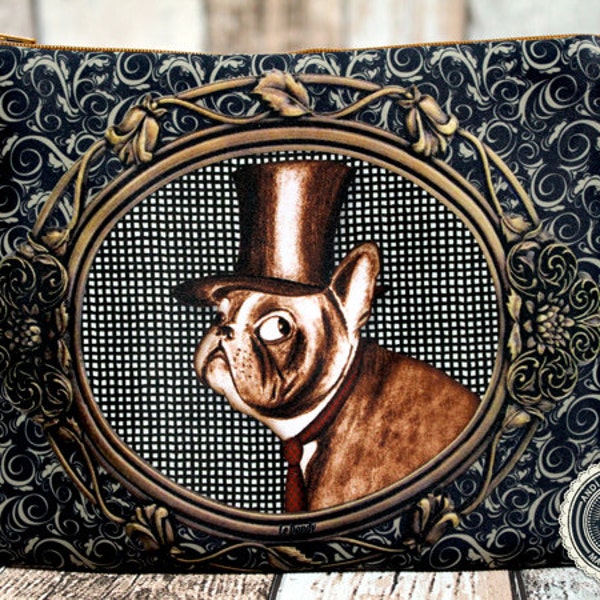 Pochette à soufflets "Le dandy, bouledogue français, french bulldog".Illustration, impression textile et couture by Andi Lee. Made in France