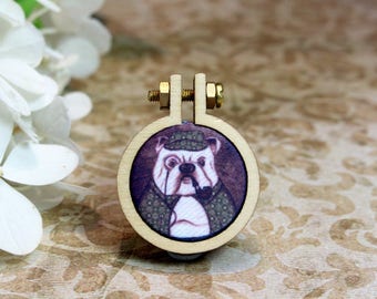 "Sherlock" ring. English bulldog. "Oops!" collection. Mini circle to embroider. Illustration, textile printing and design by Andi Lee.