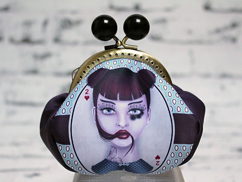 design Illustration Original coin purse with clasp 2 de coeur Made in France textile printing and sewing by Andi Lee