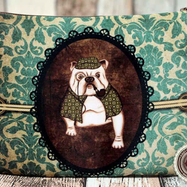 Pochette à soufflets "Sherlock, bouledogue français, english bulldog". Design, impression textile et couture by Andi Lee. Made in France