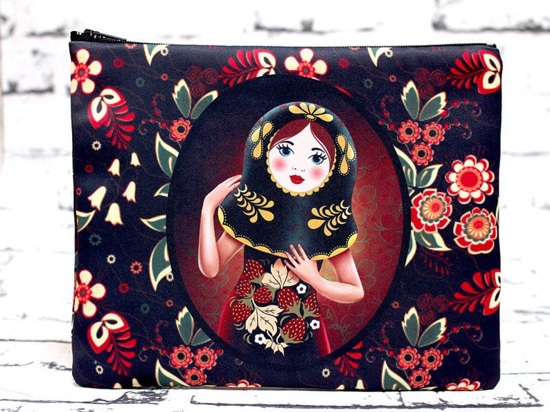 Matriochka pouch. Russian doll. Original bellows pouch. Make-up kit. Illustration, graphics and couture by Andi Lee. image 1