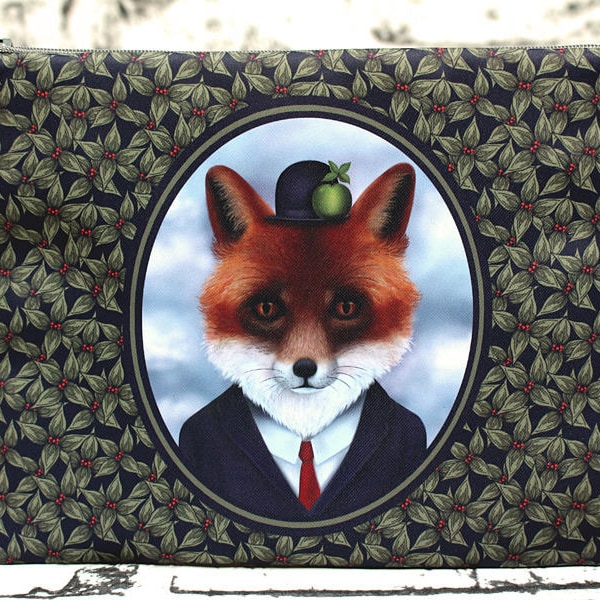 Pochette de sac original "Fox Magritte". Renard. Trousse à maquillage. Illustration, graphisme, impression textile et couture by Andi Lee.