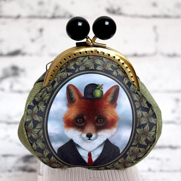 "Fox Magritte" ball clasp wallet. Fox. Illustration, graphics, textile printing and sewing by Andi Lee.