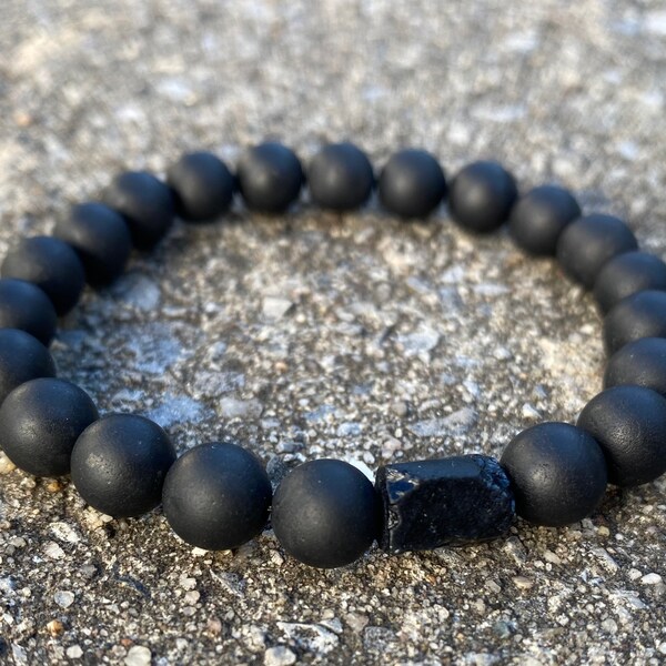 Genuine Shungite (Matte) e Tormalina Nera EMF Protection Stretch Bracciale 8mm - Protezione