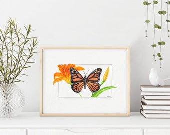 Monarch Butterfly and Day Lily Watercolor Gouache Print