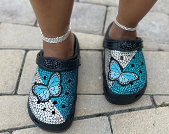 Blinged Out, "Croc Inspired Crocs', Turquoise, Size 7 , Size 8, Butterfly Crocs, Glam Crocs, Bedazzled Crocs, House Shoes, House Slippers