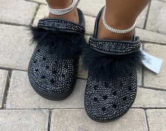 CLEARANCE, SALE, Size 8 Black Bling Crocs, Black Crocs, Bedazzled Crocs, Rhinestone Crocs, Fur Crocs, Cute Crocs, Fancy Crocs, House Shoes