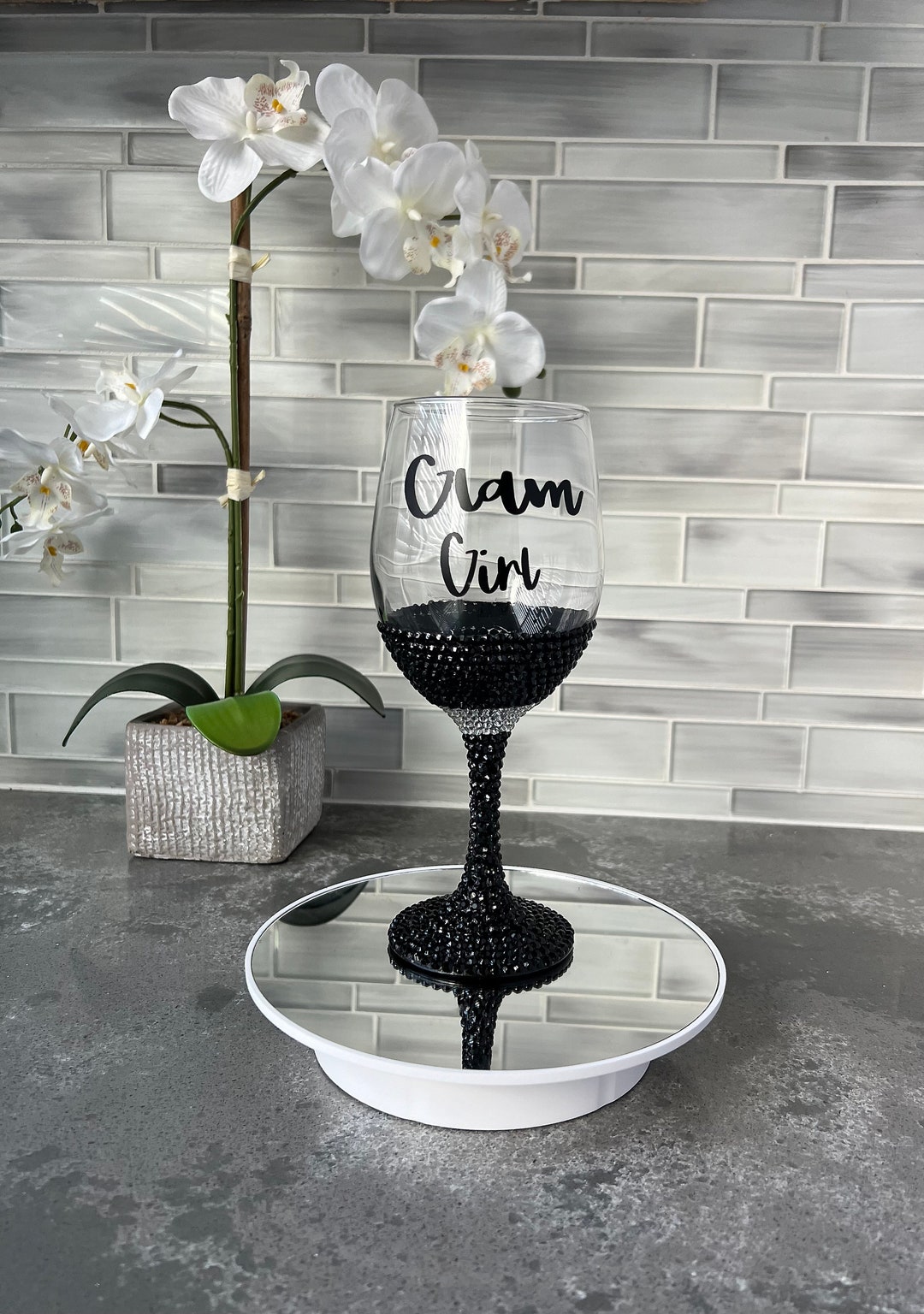 Bling Wine Glass, Bedazzled Wine Glass, Black Wine Glass, Bar Glass