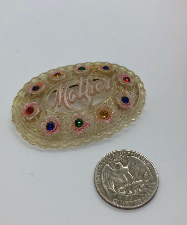 Gorgeous Celluloid Antique Mother Brooch with Rhinestones