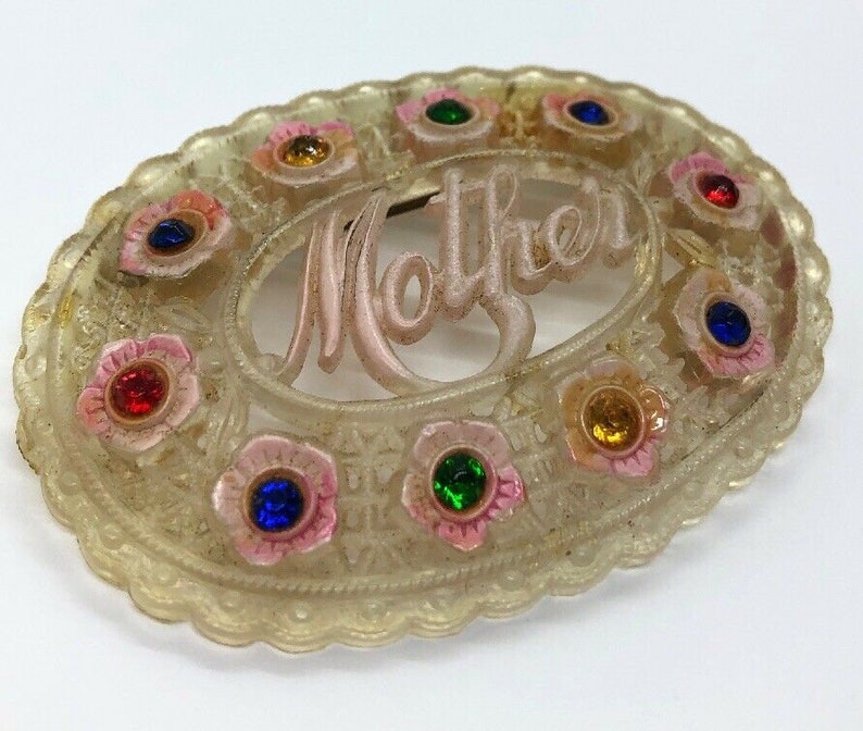 Gorgeous Celluloid Antique Mother Brooch with Rhinestones