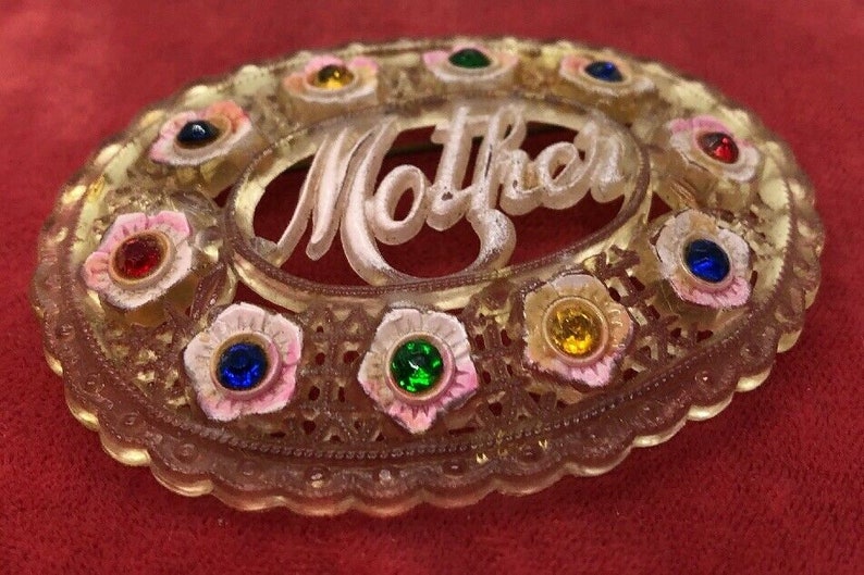 Gorgeous Celluloid Antique Mother Brooch with Rhinestones