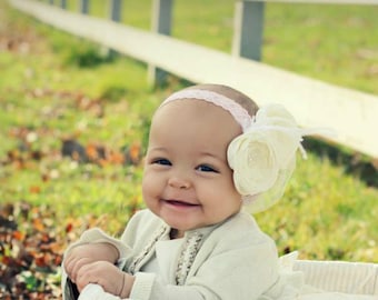 Baby headbands, Newborn Headband, Baby headband, Infant headband, baby girl headband, Ivory pink white grey headband.