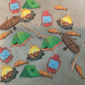 Tema fiesta de camping, Confeti de camping, Confeti personalizado, Cumpleaños de camping, Decoraciones de fiesta temática de camping,