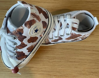 Custom Western Baby High Top Shoes: Cow Print, Unisex Cotton Canvas