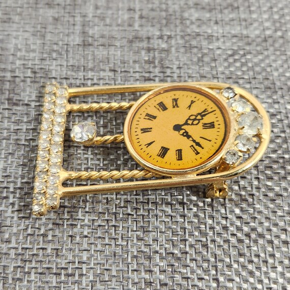 Vintage Gold Toned Mantel Clock Brooch Lapel Pin Enam… Gem