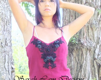 Hand Embroidered Silk Camisole Top, Beaded Floral Design