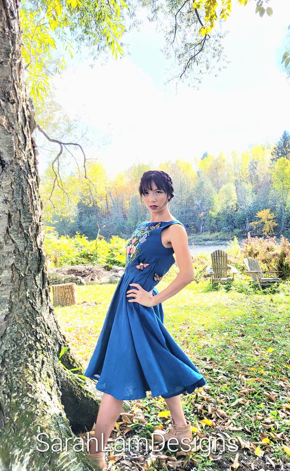 Handmade Embroidered Linen Dress, Floral Moths, Venice Blue