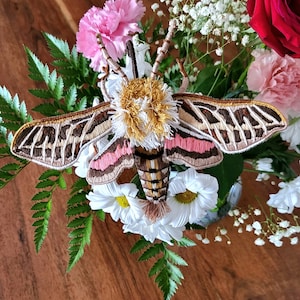 May include: A hand-stitched embroidered moth with brown, white, and pink wings. The moth is surrounded by white and pink flowers and green ferns. The text "SarahLamDesigns" is visible at the bottom of the image.
