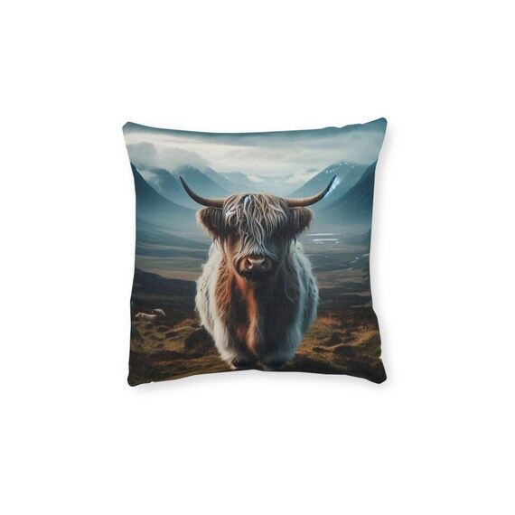 Highland Cow Pillow - Cozy Farmhouse Decor, Square Cushion for Living Room, Unique Gift for Cow Lovers, Pink Accent Pillow