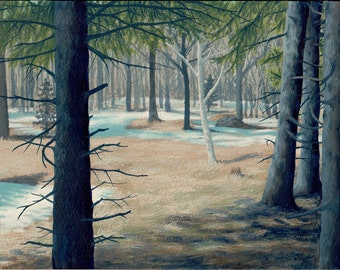 Original Watercolor and Gouache Painting - Spring Forest Landscape