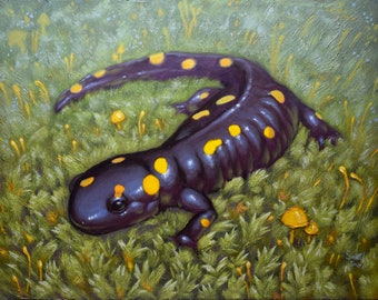 Spotted Salamander - Original Oil Painting, Maine Wildlife with Mushrooms Textured Artwork