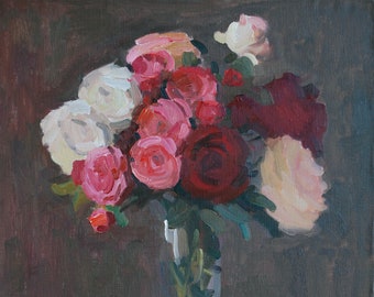 Roses. Original oil painting still life, impressionist artwork, 20″ x 18″ unframed