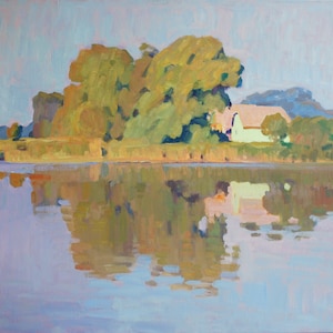 Early Morning, Original landscape oil painting, impressionist art, square 32 x 32 unframed
