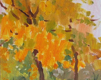May include: An oil painting on canvas depicting a landscape with trees in autumn. The foliage is rendered in vibrant shades of yellow, orange, and green, with dark brown tree trunks standing against a pale, light-colored sky and ground.