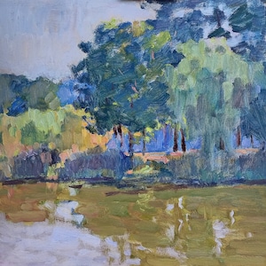 Summer Park, original plein air oil painting on board, 16&quot; x 16&quot; unframed