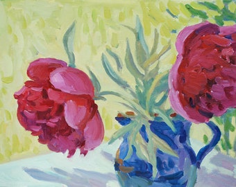 Two Peonies. Original Oil Painting. Red Flowers. Floral Art. Impressionist artwork