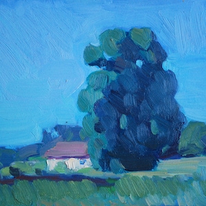 Morgen im Dorf, 200x200 kleines original Ölgemälde auf Platte, impressionistische Landschaft, Freilichtmalerei