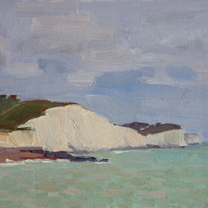 Acantilados Blancos, Vista de Rottingdean, Pintura al óleo original a bordo, Pintado en el lugar, Arte impresionista