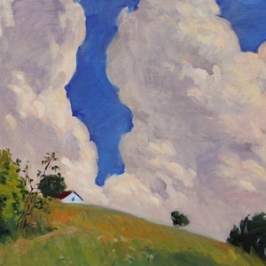 Great Clouds Landscape. Original unique oil painting on canvas. Rural view, impressionist artwork, 27" x 32" unframed